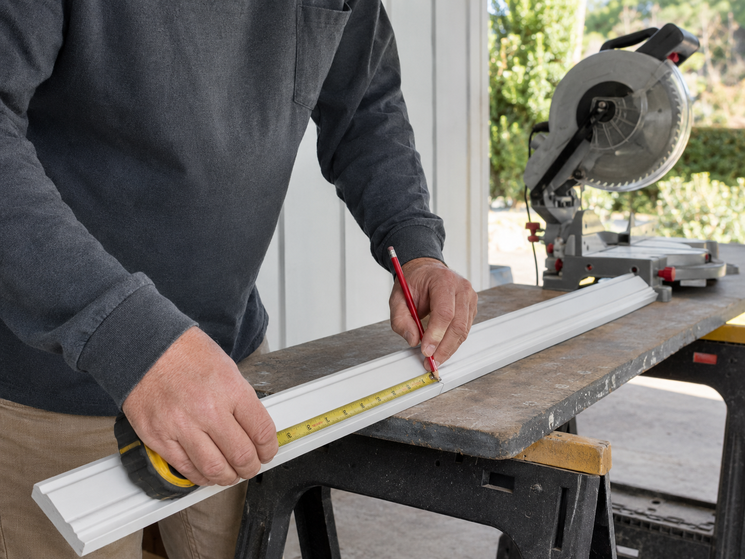 Carpenter measuring a length of white trim molding